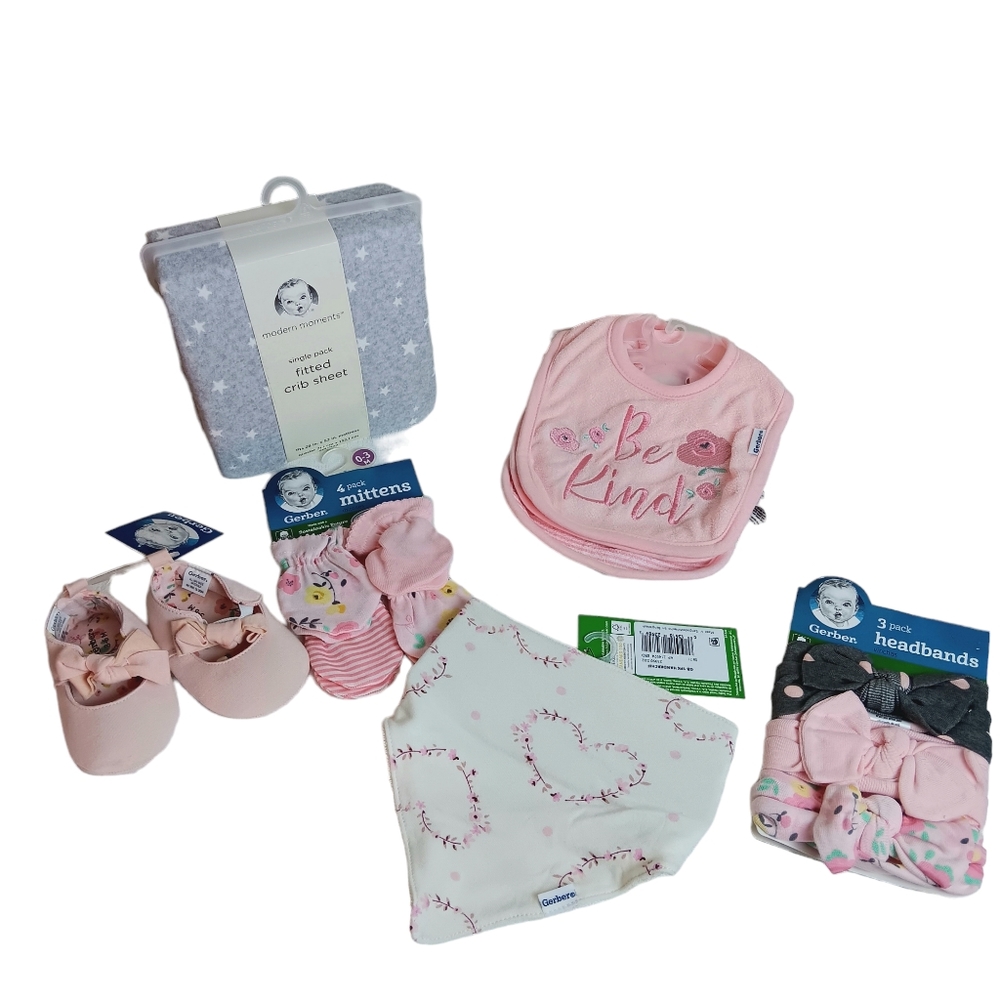 Gerber Baby Girl accessory lot shoes, mittens bibs head bands and sheet